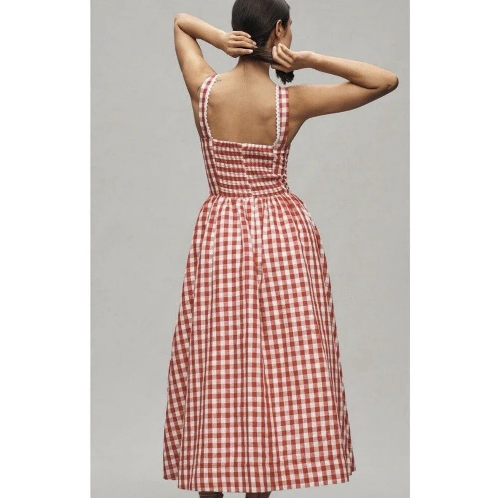 Anthropologie Wayf Midi Dress Red Linen Blend Drop Waist Preppy Boho Medium NWT - Picture 3 of 14